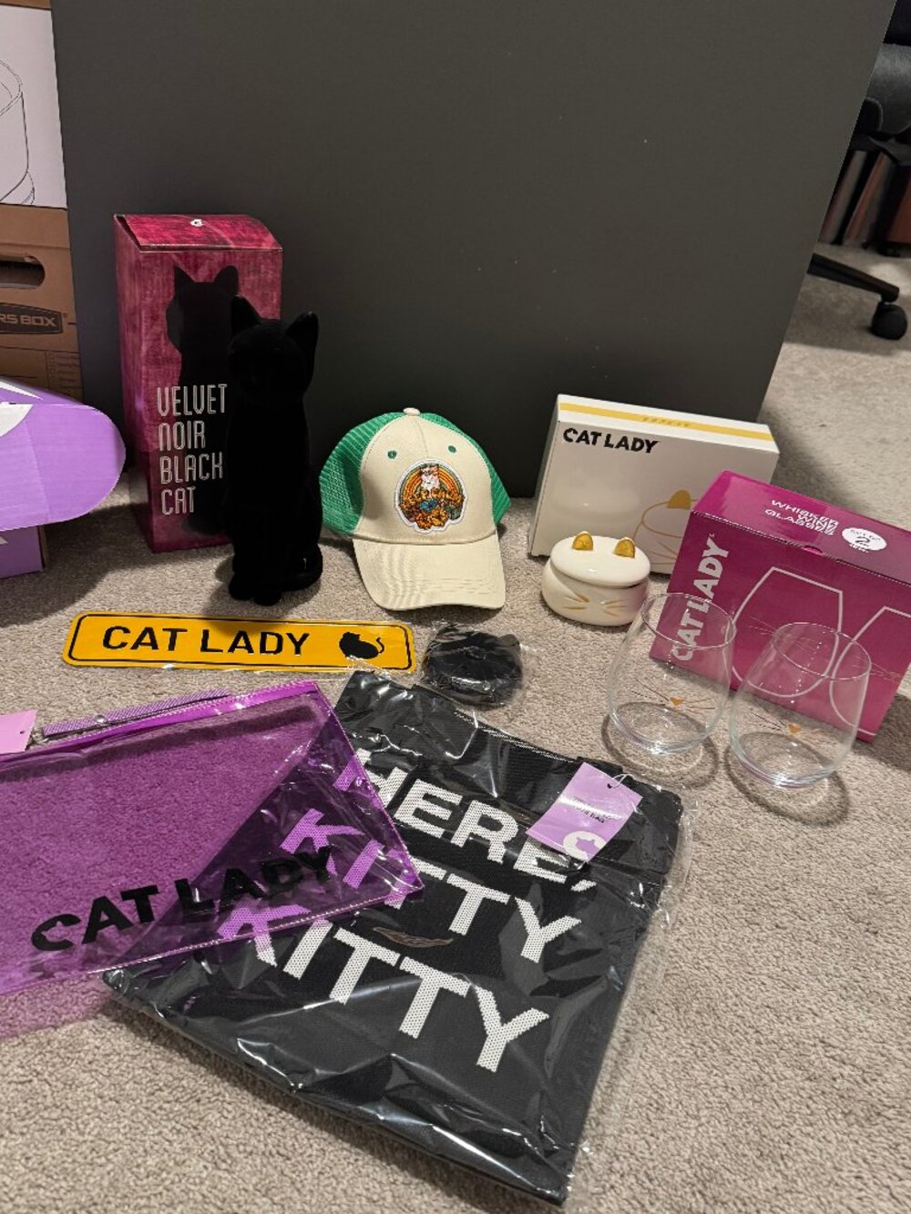 Cat Lady Box Various Items Tote Wine Glasses Pouch Black Cat Trinket Box NEW